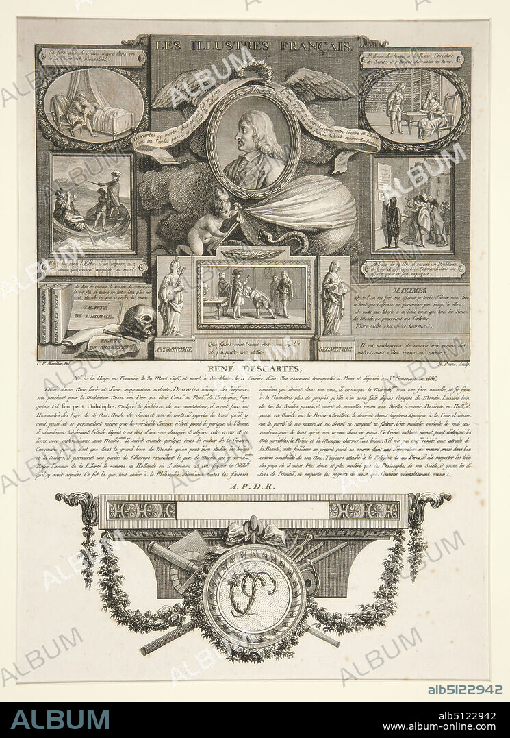 Artist: Nicolas Ponce, French, 17461831, After: Clement-Pierre Marillier, French, 17401808, Les Illustres francais: Rene Descartes, Engraving, image: 33.5 × 22.5 cm (13 3/16 × 8 7/8 in.), Made in France, French, 18th century, Works on Paper - Prints.