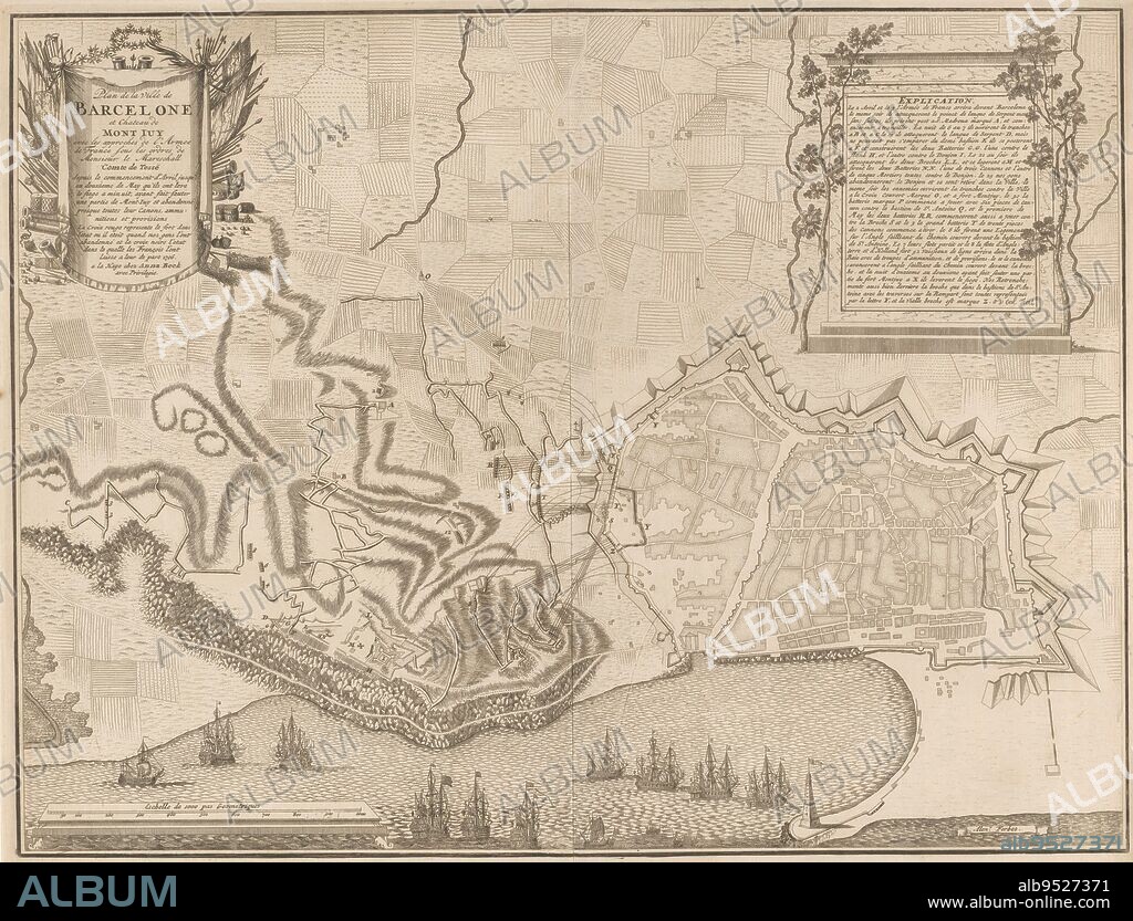 Map of the siege of Barcelona by the French and Spaniards from April onwards but relieved by the Allies on 12 May 1706, Map of the siege of Barcelona, 1706 Plan de la ville de Barcelona and Chateau de Mont Juy with the approvals (...), print maker: Jan van Call (II), (mentioned on object), intermediary draughtsman: Alexander Forbes, (mentioned on object), publisher: Anna Beeck, (mentioned on object), The Hague, 1706, paper, engraving, etching, h 455 mm × w 596 mm.