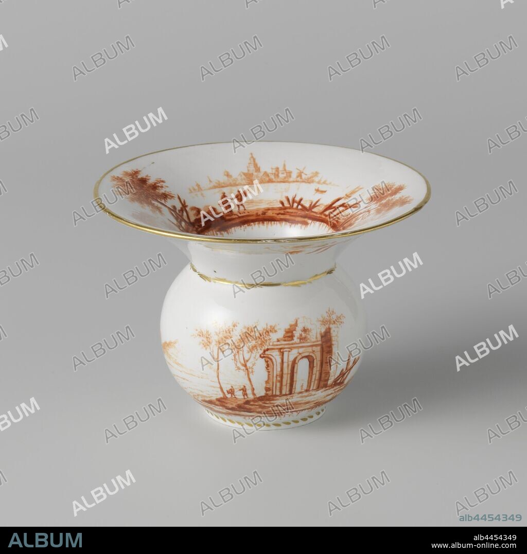 Kwispedoor, painted with a river landscape with ruin, Kwispedoor of porcelain, painted in orange-red with on the body figures in a river landscape with ruins in the foreground and a fortress in the background. On the back a tree on a piece of land. On the edge flower branches, everything in, Manufactuur Oud-Loosdrecht, Loosdrecht, c. 1774 - c. 1778, porcelain (material), h 9 cm × d 12.9 cm.