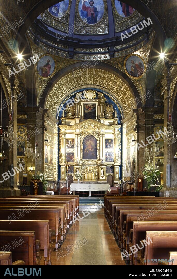 Interior of Lluc Monastery church, Mallorca, Spain. The Santuari de Lluc was founded in the 13th century. The monastery is built on the site where a Moorish shepherd is said to have found a statue of the Virgin Mary. It is the most famous pilgrimage site on Mallorca.