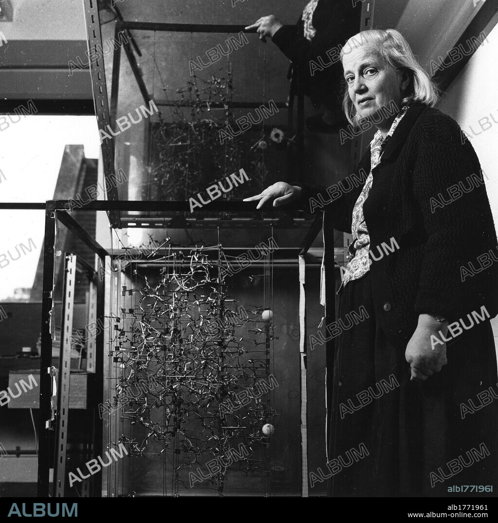 Dorothy Hodgkin with the model. The British chemist Dorothy Hodgkin posing next to the model of protein molecular structure. 1970s.