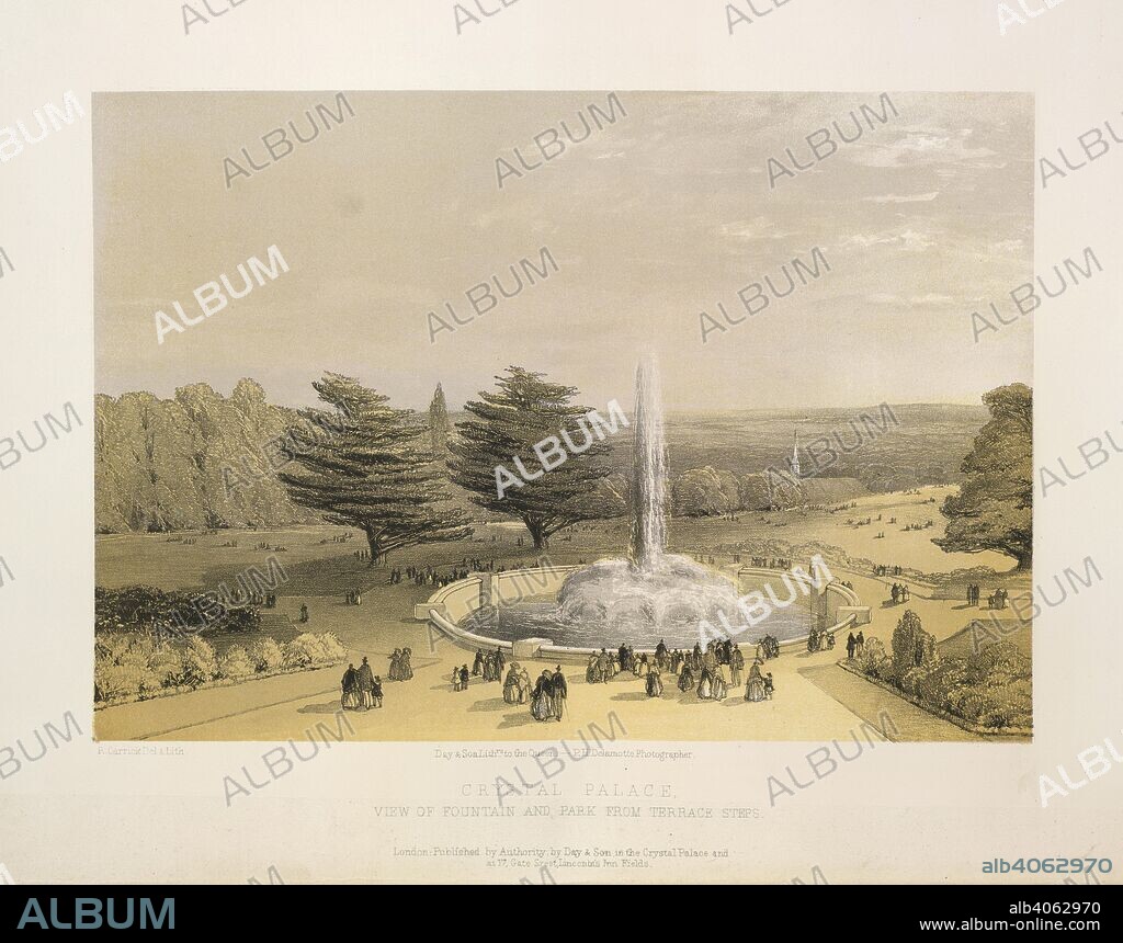 ROBERT CARRICK and SIR MATTHEW DIGBY WYATT. Crystal Palace. Views of the Crystal Palace and Park, Sydenham. Fr. London, 1854. Crystal Palace, view of fountain and park from terrace steps.  Image taken from Views of the Crystal Palace and Park, Sydenham. From drawings by eminent artists, and photographs by P. H. Delamotte. With a titlepage and literary notices by M. D. W. First series.  Originally published/produced in London, 1854. . Source: 1266.k.26, plate xix. Language: English.