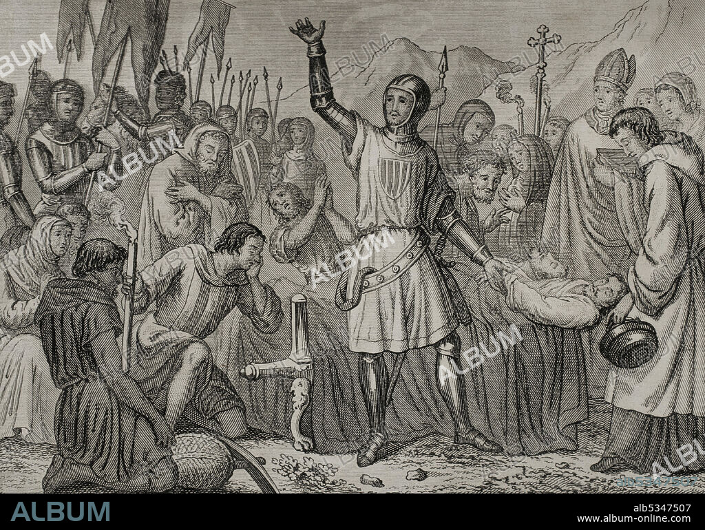 History of the Crown of Aragon. Reign of James I "The Conqueror". Funeral of William II of Bearne and Ramon Moncada (14th September 1229). The burial ceremony was held in the Bendinat mountain range. Guillermo and Ramón de Moncada died on 12 September 1229, during the conquest of the island of Majorca (1229-1231). Engraving. Historia del Rey de Aragón Don Jaime I, el Conquistador (History of the King of Aragon James I the Conqueror). Published in Valencia, 1848.