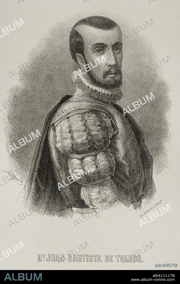 Juan Bautista de Toledo (1515-1567). Arquitecto renacentista español. Litografía. Crónica General de España, Historia Ilustrada y Descriptiva de sus Provincias. Castilla-La Nueva, 1869. Biblioteca Histórico Militar de Barcelona, Cataluña, España.