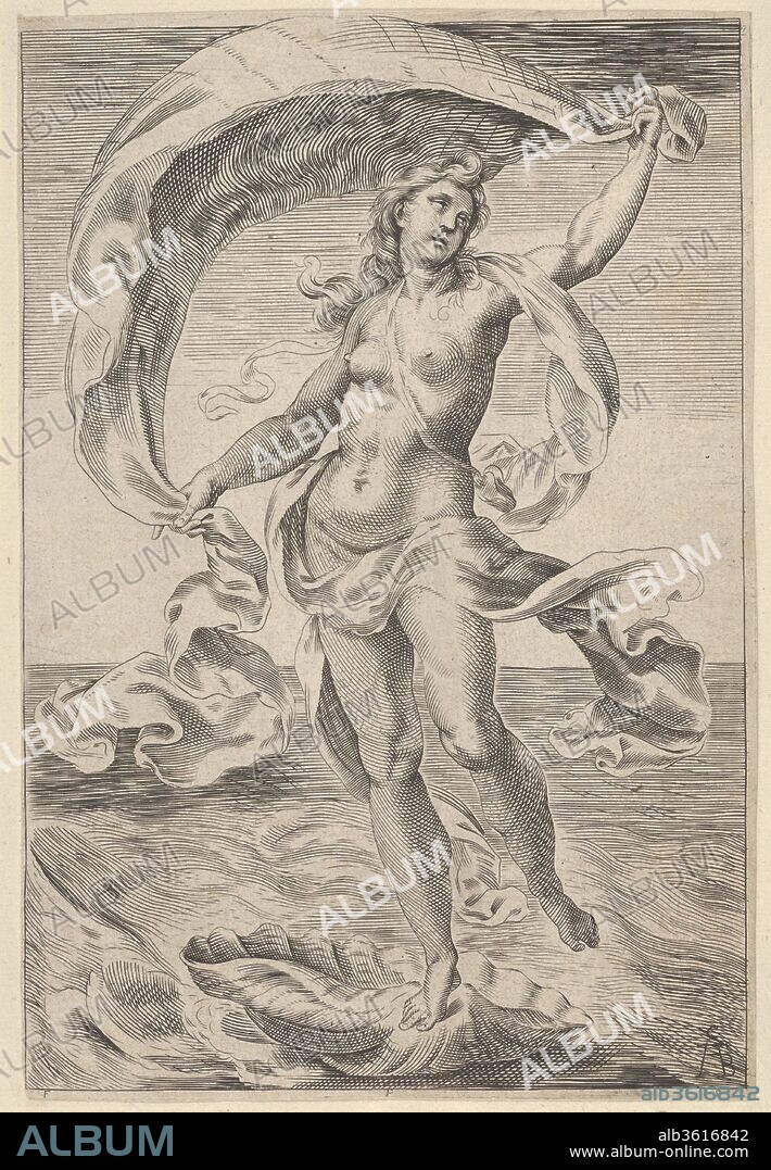 Venus on a half-shell, holding fabric over her head. Artist: Cherubino Alberti (Zaccaria Mattia) (Italian, Borgo Sansepolcro 1553-1615 Rome). Dimensions: Sheet: 8 7/16 × 5 11/16 in. (21.4 × 14.5 cm). Date: 1570-1615.