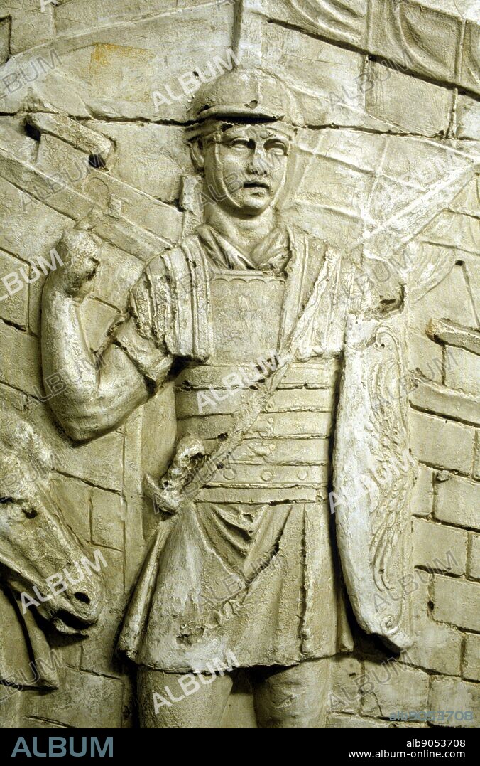 Roman legionary on sentry duty, from Trajan's column. Erected by emperor Trajan 106-113 and carved in low relief with narrative of his two campaigns in Dacia. Now topped with statue of St Peter.