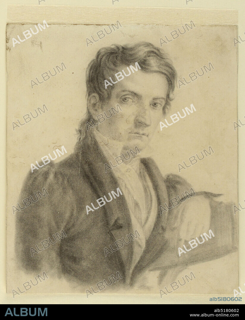Portrait of a Young Man, Giuseppe Sabatelli, Italian, 18131843, Black chalk on cream paper, Quarter-length portrait of a young man with wavy dark hair, facing one-quarter to the right, his gaze directed frontally. He wears a high collar and rests his left forearm on the back of the chair in whch he sits., Italy, 182040, portraits, Drawing, Drawing.