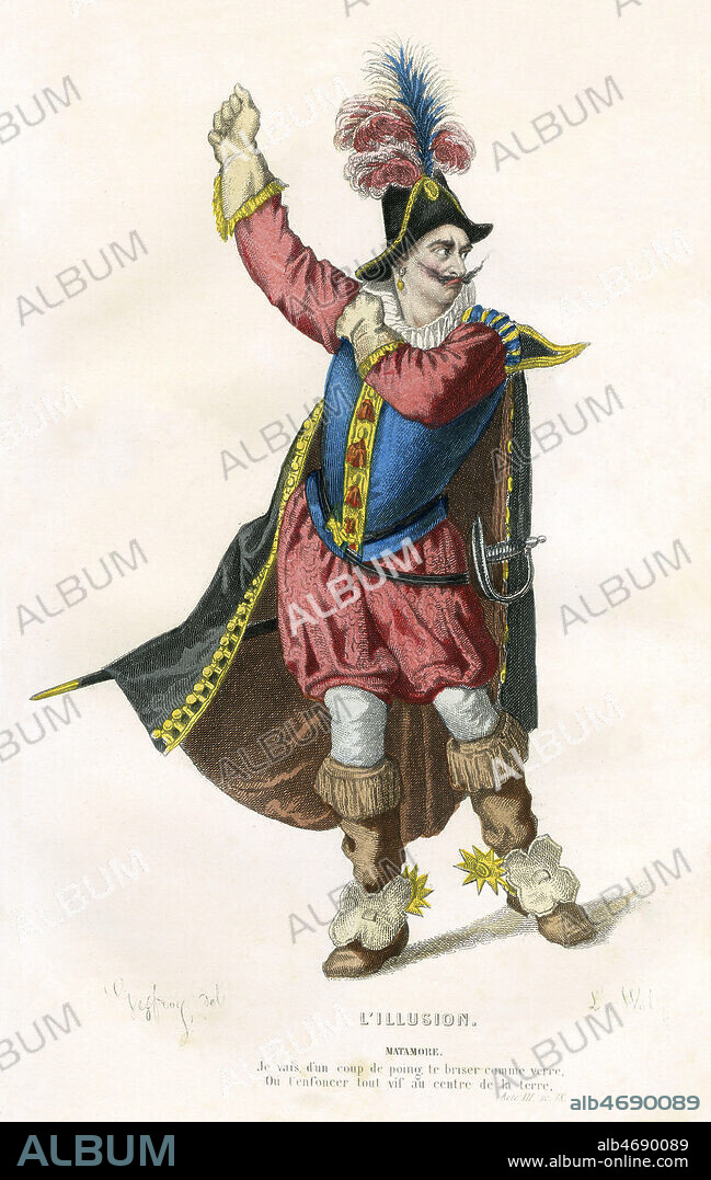'L'Illusion', le personnage de Matamore dans l'acte III scene IX de l'Illusion Comique, de Pierre CORNEILLE (1606-1684), illustration de Edmond GEFFROY (1804-1895) vers 1875. Capitaine matamore, spadassin querelleur de type espagnol, personnage comique de théatre, ayant pour source la piece de Plaute le SOLDAT FANFARON. Credit : Coll. Jonas/KHARBINE-TAPABOR.