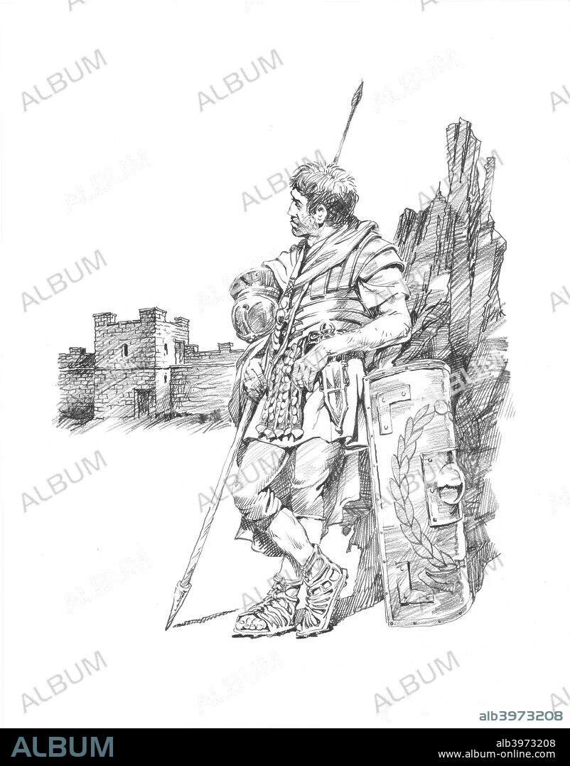 Roman soldier at Hadrian's Wall, c1985-c2000. Reconstruction line drawing of a Roman soldier resting, with shield and pilum. Location based on Black Carts Turret (29a).