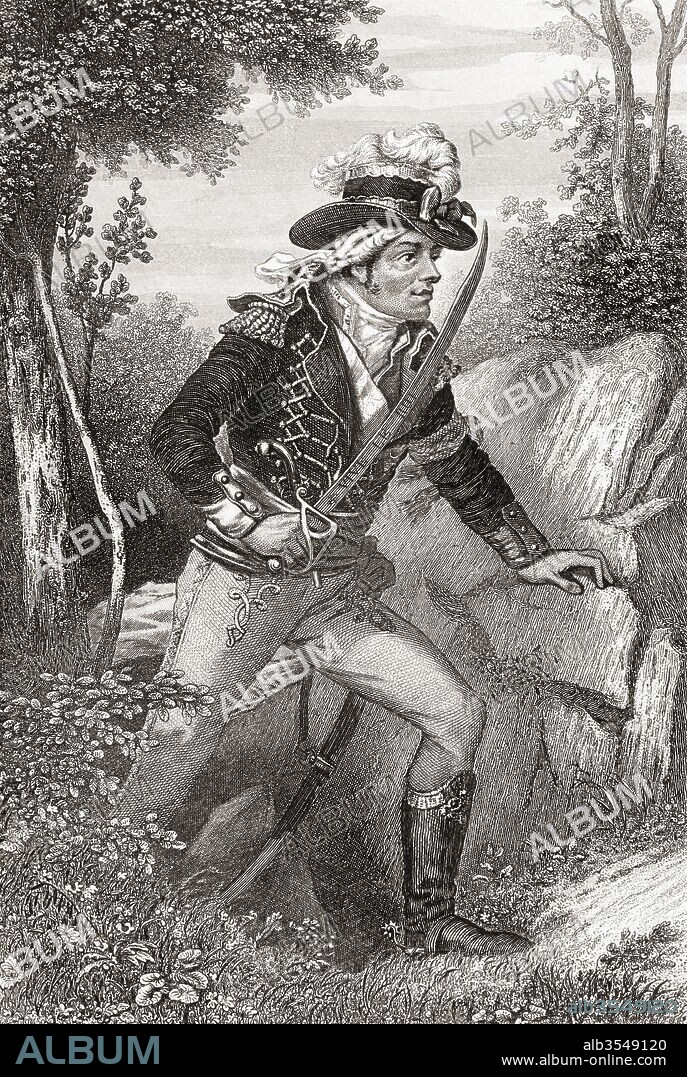 François Athanase de Charette de la Contrie, 1763 – 1796. French Royalist soldier and politician who served in the French Royal Navy during the American Revolutionary War and was one of the leaders of the Revolt in the Vendée against the revolutionary regime. Seen here carrying a sword which bears the inscription, Vive le Roi or Long live the king. From Galerie Historique de la Révolution Française, published c.1869.