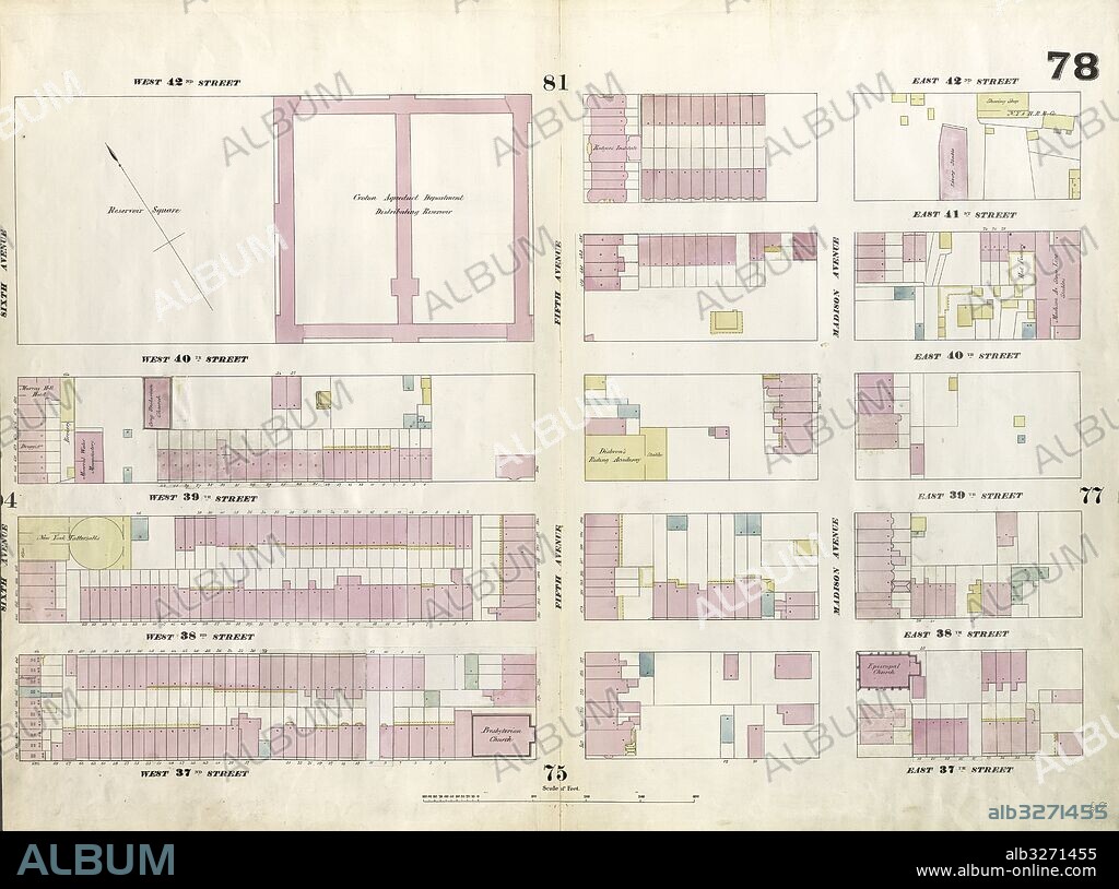 Plate 78: Map bounded by West 42nd Street, East 42nd Street, Fourth Avenue, East 37th Street, West 37th Street, Sixth Avenue. 1857, 1862, Perris and Browne, New York, USA.