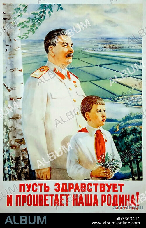 "Es lebe und gedeihe unsere Heimat! J. Stalin", sowjetisches Plakat, 1949, von Pjotr Semjonowitsch Golub (1913 - 1953).