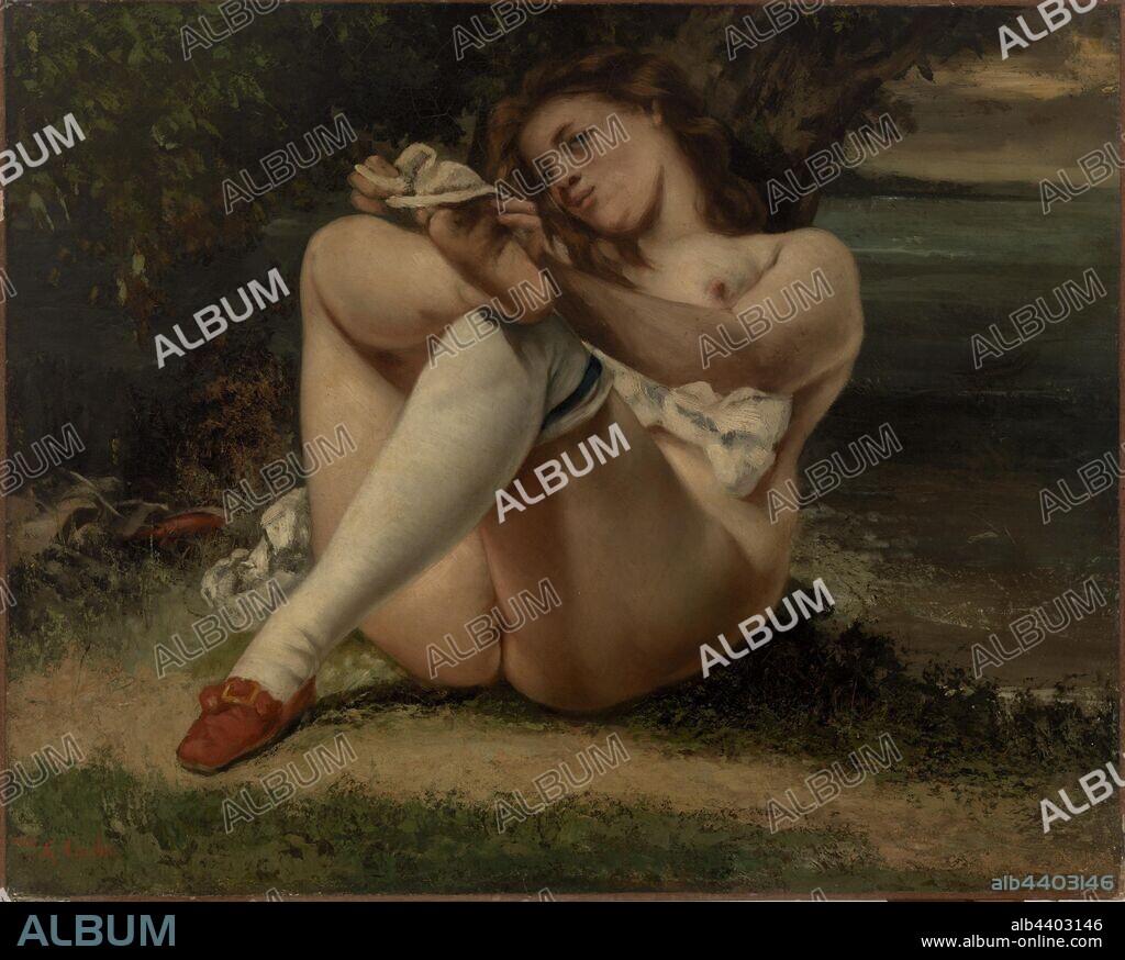 Gustave Courbet: Woman with White Stockings (La Femme aux bas blancs), Gustave Courbet, 1864, Oil on canvas, Traditionally, European painters made the nude subject decorous by presenting it as part of an edifying mythological narrative. Here, Courbet smashes that fiction. The nude is not Venus or Diana, but rather a prostitute preparing for the act. The picture's sexual content is frank: her genitalia is fully exposed, indeed placed exactly at the center of the composition, and there are several clues that hint at the prostitution theme. Clothes seem hastily discarded in the background, and she gazes out seductively at an unseen presence—presumably the client—who seems to stand or sit across from her. The path in front of her is well-worn, perhaps meant metaphorically. The graphic display of genitalia suggests that Courbet made this as a private commission. He painted several such explicitly sexual paintings during the 1860s., Overall: 25 9/16 x 31 7/8 in. (65 x 81 cm).