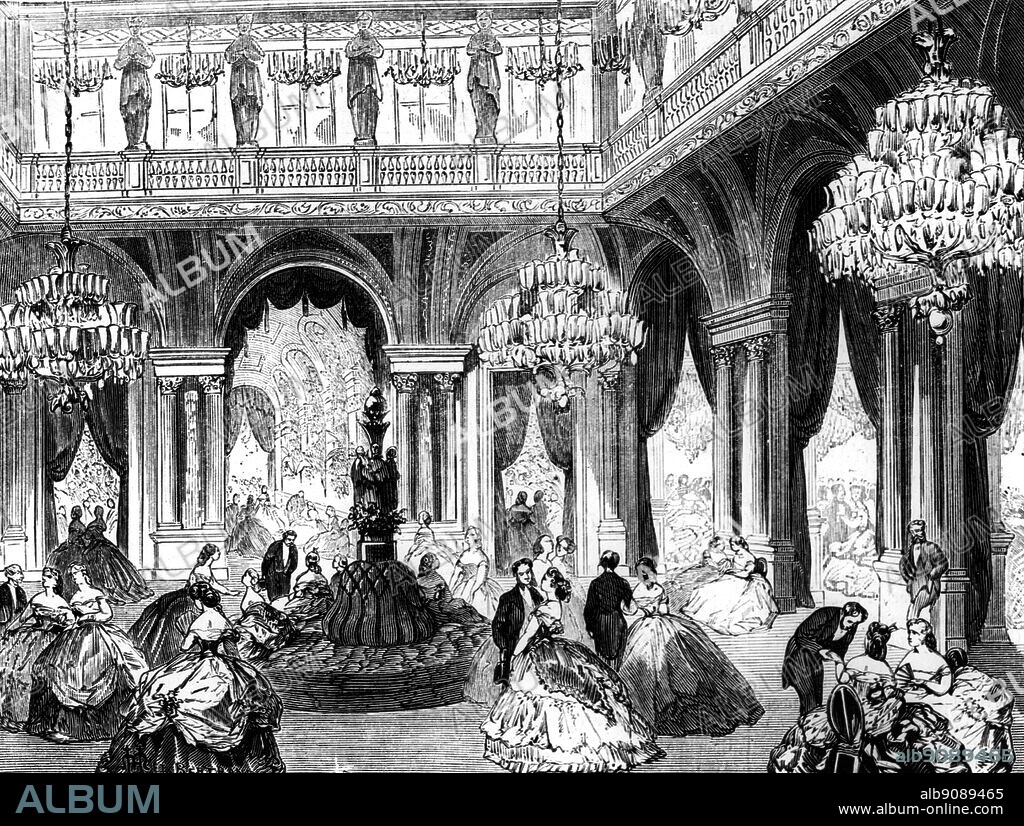 Daily Life - Le Dernier Bal de l'Hotel de Ville - Salon des Cariatides - Dessin de H. de Hem. The last ball at the Town Hall - in the Cariatides room. Drawn by H. de Hem. 1867. ©TopFoto.