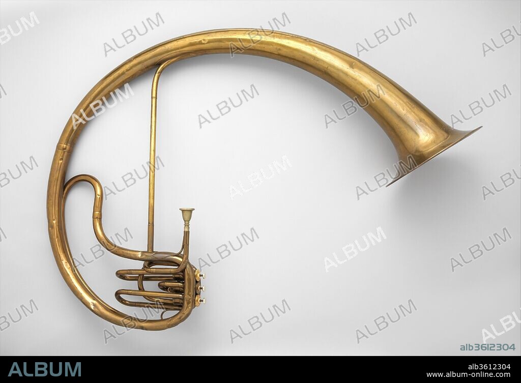 Bass saxtuba in E-flat. Culture: French. Dimensions: 51 × 36 1/2 × 12 1/2 in. (129.5 × 92.7 × 31.8 cm). Maker: Adolphe (Antoine Joseph) Sax (Belgian, Dinant, Belgium 1814-1894 Paris). Date: 1855.
Saxtubas were built as a family with instruments ranging from B-flat sopranino to B-flat contrabass. This bass in E-flat was the second largest size. The striking appearance of the larger sax tubas was inspired by the Roman cornu as depicted on Trajan's Column. Saxtubas were first used in 1852 in the premiere performance of Halevy's opera Le juif errant in the Paris Academie Nationale de Musique, where they featured in a 15-piece stage ensemble. They also appeared in a military and national ceremony in Paris on the Champ de Mars later in 1852. This instrument and a B-flat tenor held in the Trompetenmuseum in Bad Saeckingen, Germany are the only saxtubas known to survive.