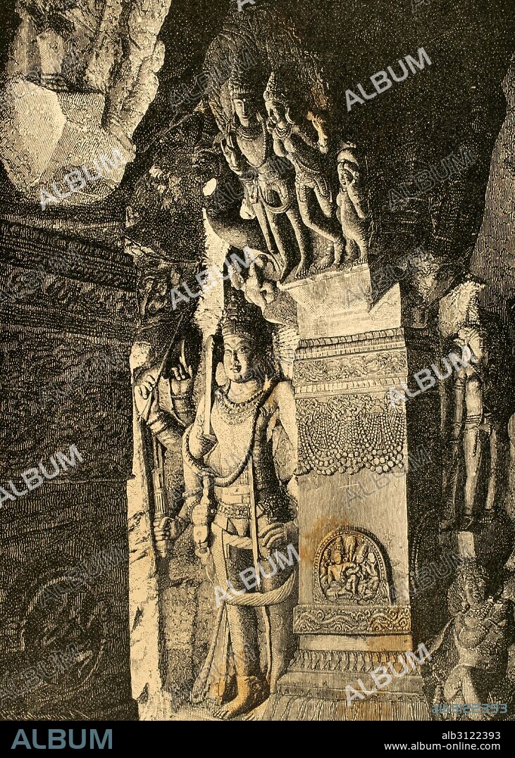 Visnu. Dios venerado por el hinduismo. Creador del universo. "Relieve de Visnú en un templo cueva de Badami, India". Grabado pr G. Treibmann. La India, año 1880.