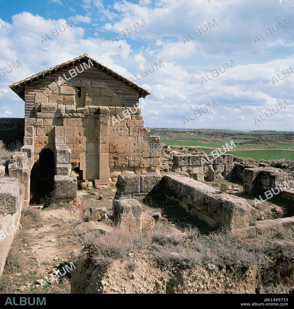 ARTE ROMANO. ESPAÑA. LOS BAÑALES. Yacimiento arqueológico. Vista de las ruinas de las TERMAS. Alrededores de Uncastillo. Provincia de Zaragoza. Aragón.