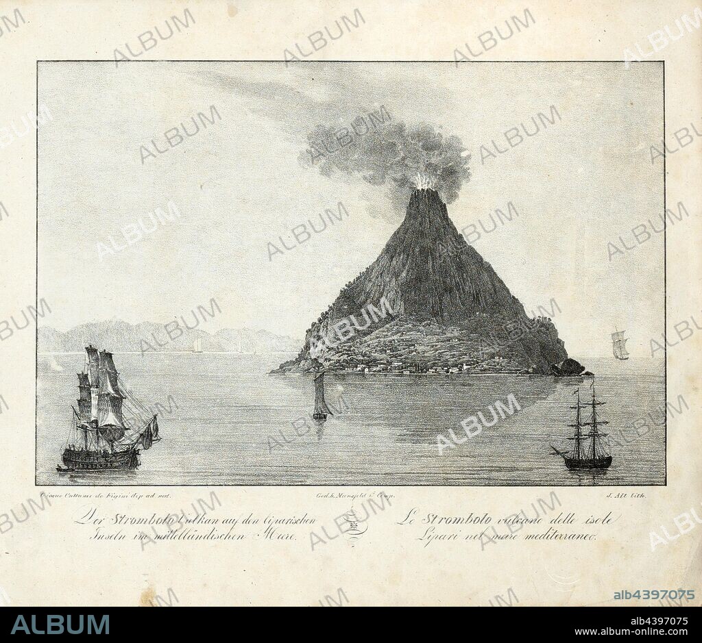 The Strombolo volcano on the Aeolian Islands in the Mediterranean, Stromboli Island and volcano (Aeolian Islands, Italy), signed: Giosue Cattaneo de Figini dep., ad nat, Ged, b, Manfield & Comp, J. Alt lith, Fig. 4, Cattaneo de Figini, Giosuè (del. ad nat.); Alt, Jakob (lith.); Mansfeld & Co. (imp.), 1832, Giosuè Cattaneo de Figini: [Vulcani d'Italia]: [Napoli, Isola Ferdinanda, Vesuvio, Stromboli]. [Vienna]: [Giosuè Cattaneo de Figini], [1832].