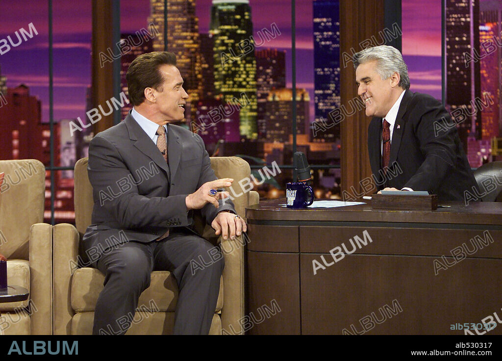 Jan 13, 2005; Hollywood, CA, USA; (l-r) ARNOLD SCHWARZENEGGER and JAY LENO on the 'Tonight Show With Jay Leno.'Mandatory Credit: Photo by Paul Drinkwater/NBC Universal/Entertainment Pictures.(©) Copyright 2005 by Courtesy of NBC. 13/01/2005