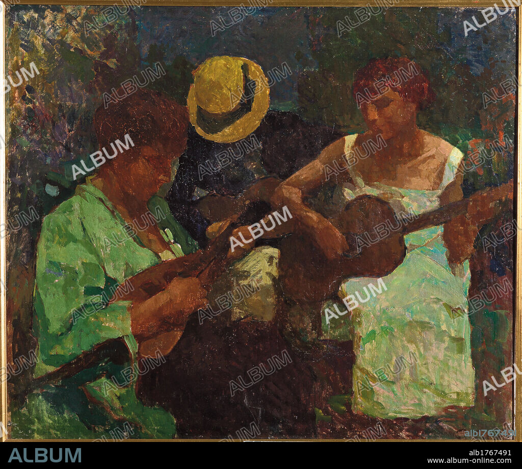 Mandolinata (Mandolin Sonata), by Edgardo Curcio, 20th Century, cm 55 x 64. Italy, Campania, Naples, Novecento Museum. All. Men shirt hat straw hat woman dcollet white dress garment group instruments music concert guitar mandolin foliage branches leaves flowers dissolved forms undone stroke brush color spots light.  Please remember that author's rights have to be cleared for modern and contemporary works of arts.