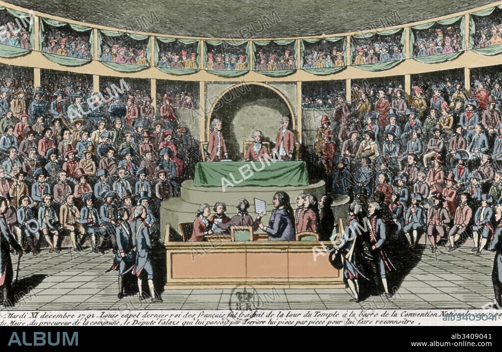 REVOLUCION FRANCESA (1789-1799). CONVENCION NACIONAL. Asamblea constituyente francesa que sustituyó a la Asamblea Legislativa y gobernó el país del 20 de septiembre de 1792 al 26 de octubre de 1795. "Interrogatorio del rey Luis XVI ante la Convención Nacional" (sesión del 11 de diciembre de 1792). Aguafuerte publicado en un periódico de la época. Coloreado.