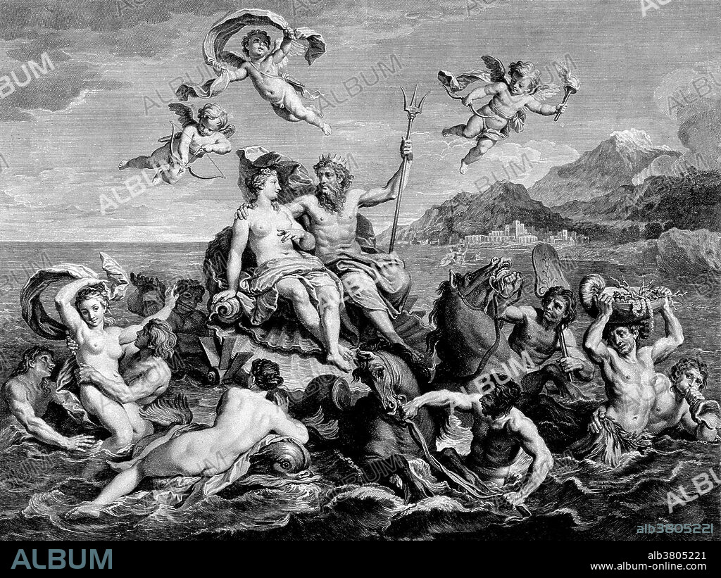 Venus and Neptune sit on the scallop shell chariot amidst the waves, surrounded by nymphs and mermen: symbolizing the element water. Venus is the Roman goddess of love, beauty, desire, sex, fertility, prosperity and victory. In Roman mythology, she was the mother of the Roman people through her son, Aeneas, who survived the fall of Troy and fled to Italy. Venus was central to many religious festivals, and was revered in Roman religion under numerous cult titles. The Romans adapted the myths and iconography of her Greek counterpart Aphrodite for Roman art and Latin literature. In myth, Venus-Aphrodite was born of sea-foam. Neptune was the god of freshwater and the sea in Roman religion. He is the counterpart of the Greek god Poseidon. In the Greek-influenced tradition, Neptune was the brother of Jupiter and Pluto; the brothers presided over the realms of Heaven, the earthly world, and the Underworld. Neptune is the creator of horses (god of horses, Neptunus Equester) and is the god of the sea as well as the owner of a powerful weapon, the Trident. Engraving by Louis Desplaces, 1718, after Louis de Boullongne.