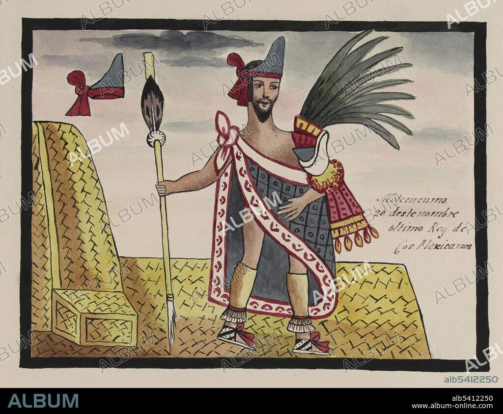 Moctezuma II, holding a spear or scepter and standing on a reed mat and next to a basketwork throne, wearing a beard and an epaulette of quetzal feathers. Next to him is a crown. Moctezuma II (reign 1502-1520) was the ninth and final Aztec emperor. The crown is a sign of his sovereignty. The first contact between indigenous civilizations of Mesoamerica and Europeans took place during his reign, and he was killed when Cortés and his men fought to escape from the Aztec capital Tenochtitlan. During his reign the Aztec Empire reached its maximal size. Through warfare, he expanded the territory as far south as Xoconosco in Chiapas and the Isthmus of Tehuantepec, and incorporated the Zapotec and Yopi people into the empire. The Tovar Codex (16th century) contains detailed information about the rites and ceremonies of the Aztecs. The codex is illustrated with 51 full-page paintings in watercolor. Illustration taken from a 19th century transcript of Juan de Tovar's Historia de la benida de los yndios apoblar a Mexico (the Co´dice Tovar).