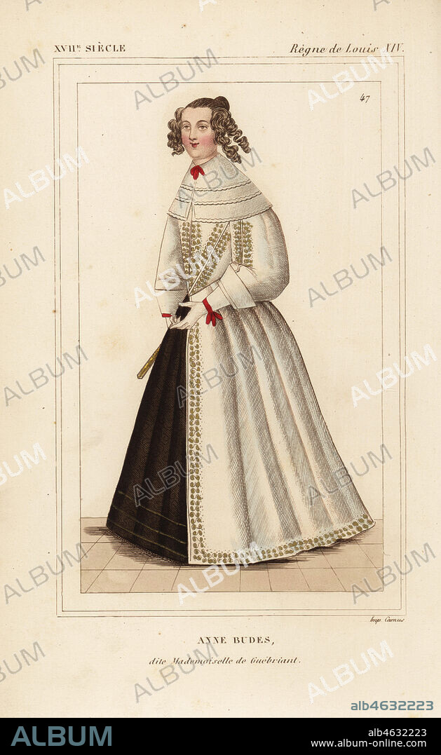Anne Budes, Mademoiselle de Guebriant, maid of honour to the queen, niece of Renee du Bec. Handcoloured lithograph after a 1646 portrait in Roger de Gaignieres' gallery portfolio X 73 from Le Bibliophile Jacob aka Paul Lacroix's Costumes Historiques de la France (Historical Costumes of France), Administration de Librairie, Paris, 1852.