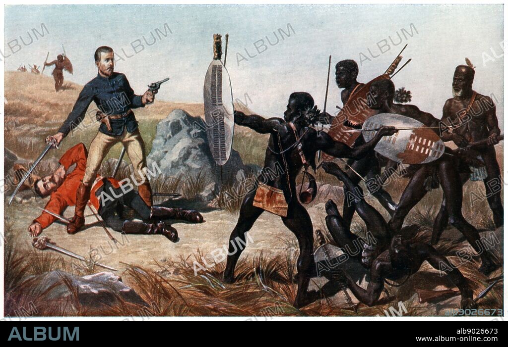 An incident at the Battle of Isandlwana (Isanhlwana). Lieutenants Melvill and Coghill (24th Regiment) dying to save the Queen's colours. 22 January, 1879. Zulu War. After painting by CE Fripp.