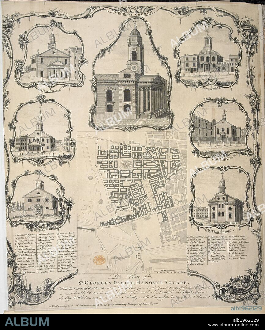 Illustrations of St George's Church, Hanover square, and map of the parish. London churches. . Plan of St. Georgeâ€™s Parish, Hanover Square, with Views of the Church and Chapels of Ease, from the Survey by Morris. London, England. Plan of St. Georgeâ€™s Parish, Hanover Square, with Views of the Church and Chapels of Ease, from the Survey by Morris. G. Bickham, 1761. Source: Maps K.Top.21.2. Language: English.