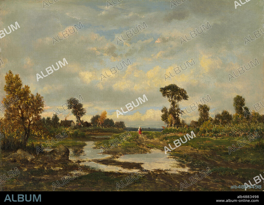 Théodore Rousseau, French, 18121867, The Farm (Cottage at the Edge of a Marsh), c. 1860, Oil on panel, 8 9/16 x 11 1/2 in. (21.8 x 29.2 cm).
