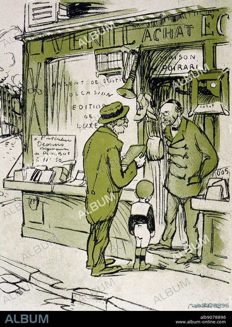 cartoon by Francisque Poulbot, showing an old man exchanging a book at a pawn shop in Paris 1908.