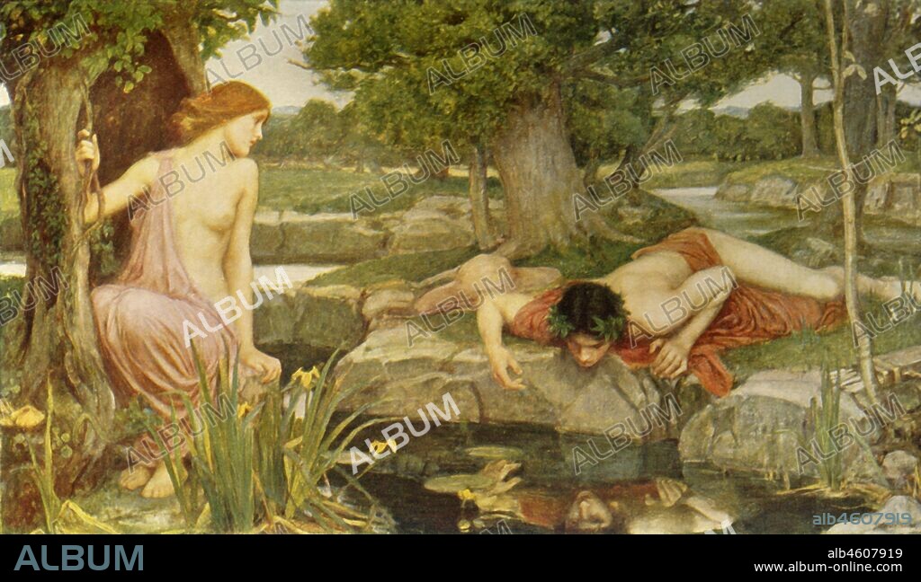 JOHN WILLIAM WATERHOUSE. 'Echo and Narcissus', 1903, (1915). A myth from Ovid's Metamorphoses. In Greek mythology, Narcissus falls in love with his own reflection rejecting the mountain nymph Echo. Oil on canvas held at Walker Art Gallery, Liverpool. From "Classic Myth and Legend", by A. R. Hope Moncrieff. [The Gresham Publishing Company Limited, London].