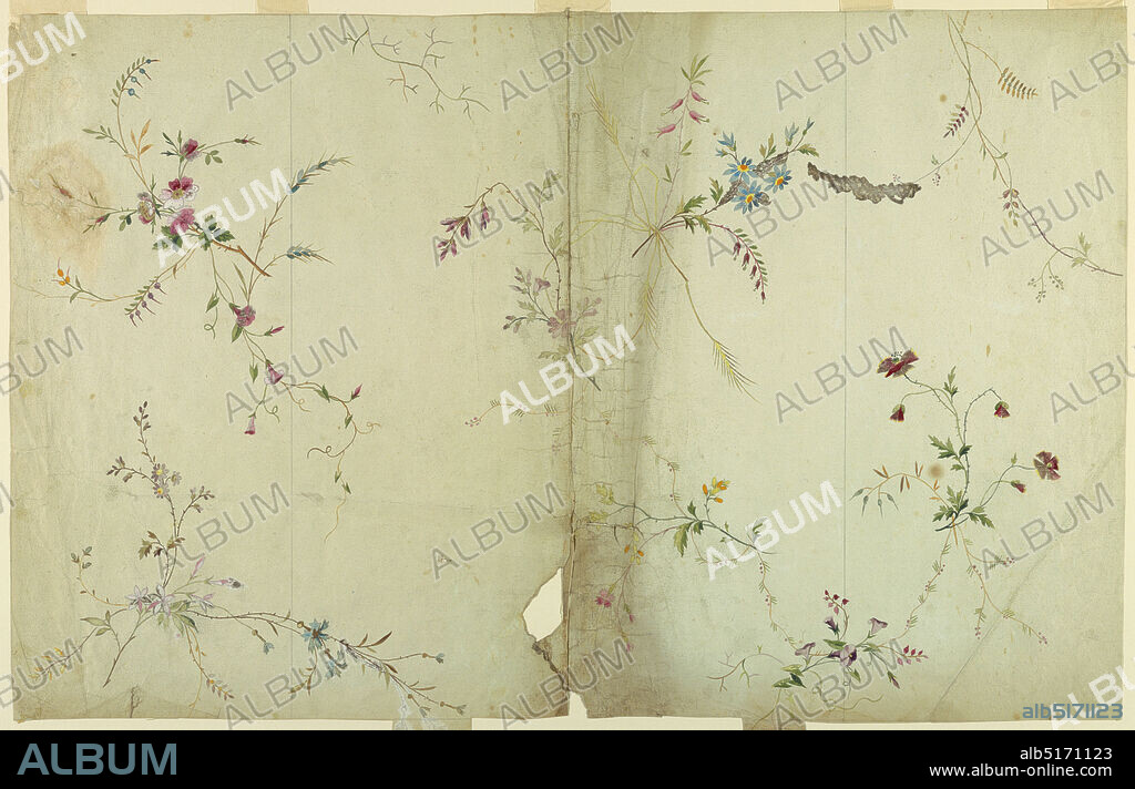 Design for a Silk Brocade, Graphite, brush and gouache, brush and oxidized white on paper, One repeat is shown consisting of two bunches of flowers which are intended to alternate in vertical rows and to alternate in horizontal rows with a bunch of flowers and ears of grain which is loosely connected with a flower bough., France, 17751790, Drawing, Drawing.