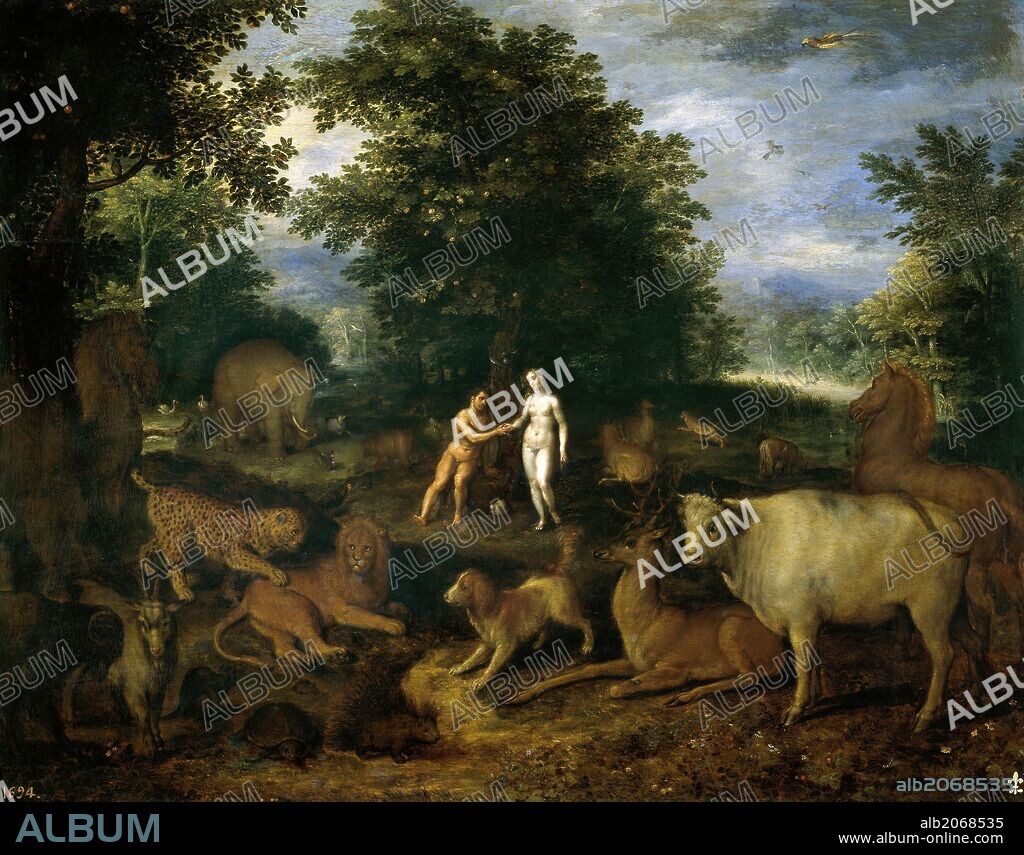 JAN BRUEGHEL EL JOVEN. Jan Brueghel 'el Joven' / 'Adán y Eva en el Paraíso', Hacia 1618, Escuela Flamenca, Óleo sobre Tabla, 40 cm x 50 cm, P01408.