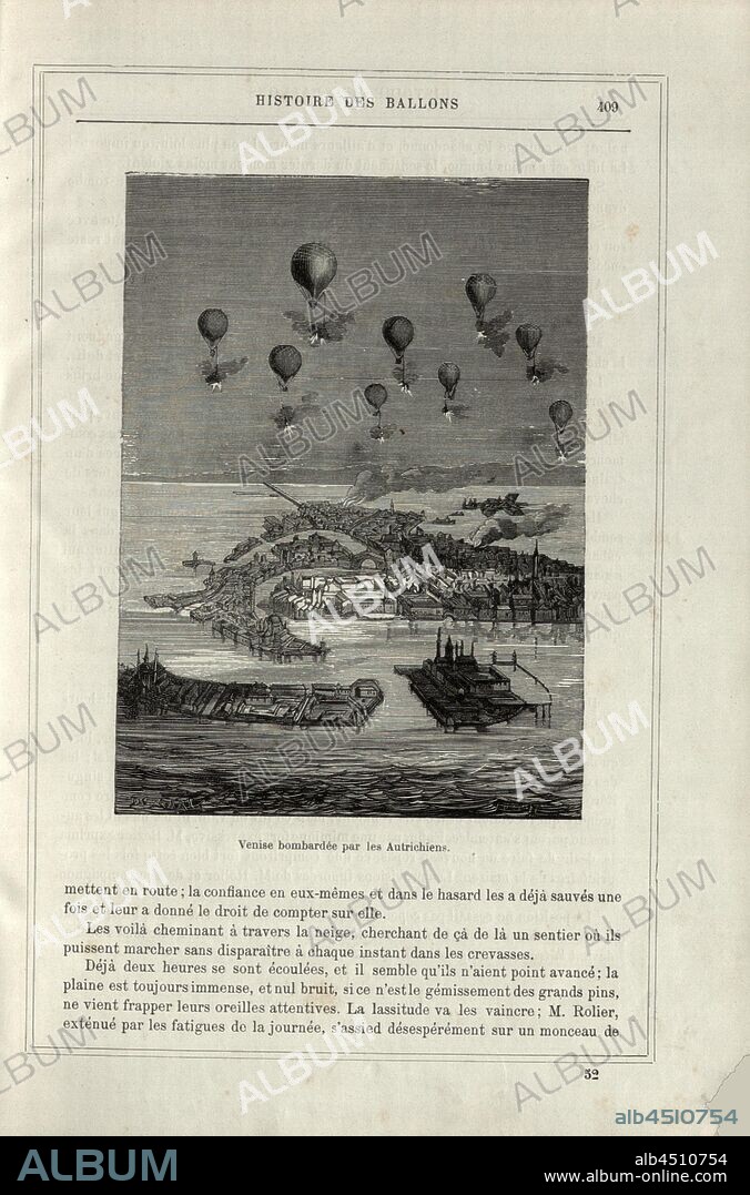 Venice bombed by Austrians, Air raid of the Austrian troops with balloon bombs at the siege of Venice in the summer of 1849, Signed: Demarle; Rénard, Fig. 70, p. 409, Demarle, Gustave-Alphonse (dess.); Rénard (sc.), 1876, Alfred Sircos; Th. Pallier: Histoire des ballons et des ascensions célèbres avec une préface de Nadar: dessins de A. Tissandier [...]. Paris: F. Roy, 1876.
