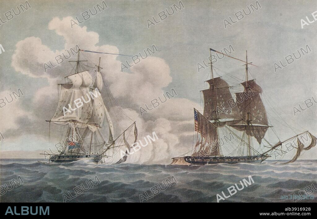 'Packet Boat and Privateer', c1819. The British Post Office boat 'Hinchinbrook' was attacked by the American privateer 'Grand Turk' on 1 May 1814 off the coast of the Azores. After a prolonged engagement the 'Grand Turk' withdrew. From Old Naval Prints, by Charles N. Robinson & Geoffrey Holme. [The Studio Limited, London, 1924].