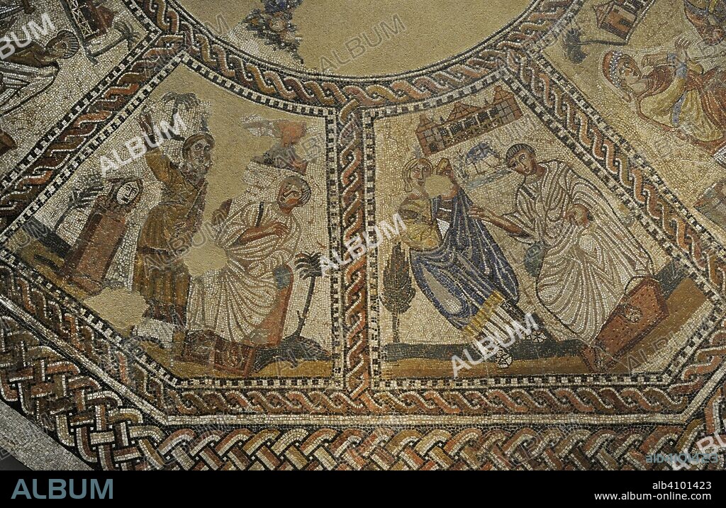 Mosaico de las Nueve Musas. Representa a las Musas acompañadas por grandes maestros de las artes. Detalle. Siglo IV. Procedente de Arellano (Navarra). Museo Arqueológico Nacional. Madrid. España.