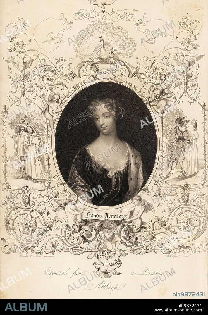 Frances Jennings, Countess of Tyrconnell, maid of honour to the Duchess of York, married to George Hamilton and later Richard Talbot, Earl of Tyrconell, famous beauty at court, 1649-1731. Steel engraving by Charles Edward Wagstaff, with ornate decoration by Theodor von Holst, after an original portrait in the possession of Earl Spencer at Althorp from Mrs Anna Jamesons Memoirs of the Beauties of the Court of King Charles the Second, Henry Coburn, London, 1838.