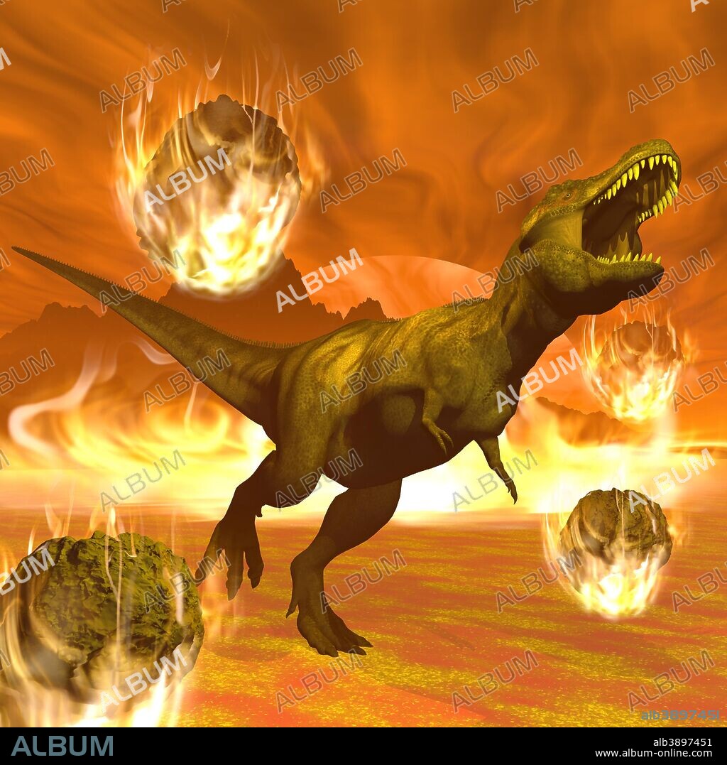 Tyrannosaurus Rex struggles to escape from a meteorite crash.