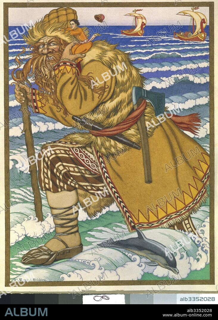 IVAN YAKOVLEVICH BILIBIN. The giant carried Ivan on his shoulders back across the sea.