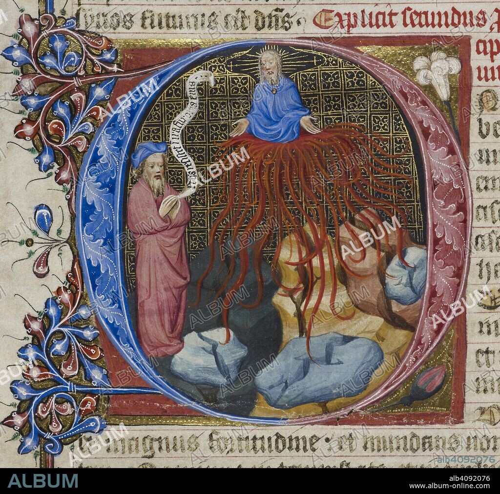 Nahum and destruction of Nineveh. Great Bible (St. Jerome version). England (London?), 1405-1415. (Detail) Opening of the Book of Nahum: initial 'O' shows the prophet Nahum predicting the destruction of Nineveh, the mountains rent by lightning, and God above.  Image taken from Great Bible (St. Jerome version).  Originally published/produced in England (London?), 1405-1415. . Source: Royal 1 E. IX, f.234. Language: Latin.