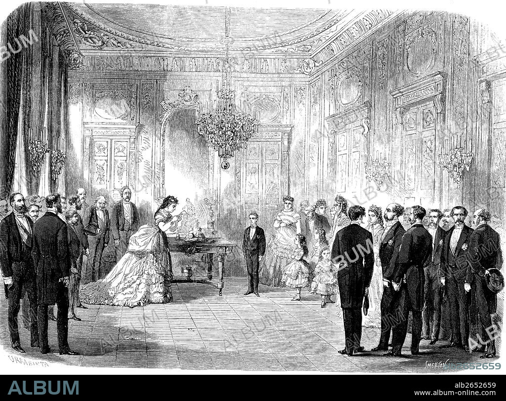 Francia. Abdicación de la reina Isabel II de Borbón (1830-1904) en favor de su hijo Alfonso XII (1857-1885) en París, junio de 1870. Grabado de 1870.