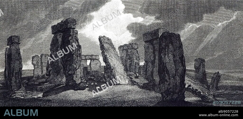 19th century, Illustration depicting Stonehenge; England 1827. Stonehenge is a prehistoric monument in Wiltshire, England. It consists of a ring of standing stones,.