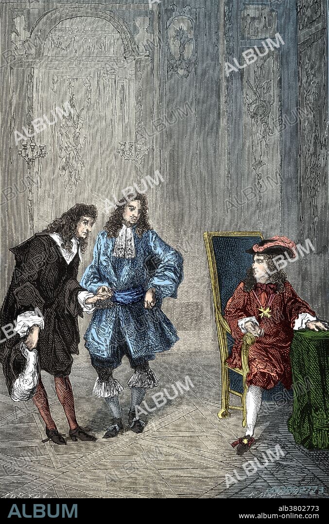 Cassini presented to Loius XIV by Colbert. Giovanni Domenico Cassini (June 8, 1625 - September 14, 1712) was an Italian-French mathematician, astronomer, engineer, and astrologer. Hei was the first to observe four of Saturn's moons, which he called Sidera Lodoicea, including Iapetus, whose anomalous variations in brightness he correctly ascribed as being due to the presence of dark material on one hemisphere. In 1672 he sent his colleague Jean Richer to Cayenne, French Guiana, while he himself stayed in Paris. The two made simultaneous observations of Mars and, by computing the parallax, determined its distance from Earth. This allowed for the first time an estimation of the dimensions of the solar system: since the relative ratios of various sun-planet distances were already known from geometry, only a single absolute interplanetary distance was needed to calculate all of the distance. He went blind in 1711, and died in 1712 at the age of 87. Louis XIV (September 5, 1638 - September 1, 1715) was a monarch of the House of Bourbon who ruled as King of France from 1643 until his death. His reign of 72 years and 110 days is the longest of any monarch of a major country in European history.