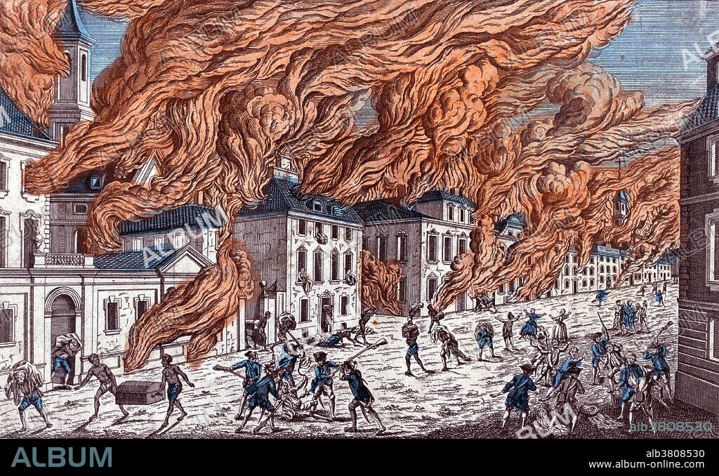 The Great Fire of New York was a devastating fire that burned through the night of September 21, 1776, on the West Side of what then constituted New York City at the southern end of the island of Manhattan. It broke out in the early days of the military occupation of the city by British forces during the American Revolutionary War. The fire destroyed about one third of the city and some unburned parts of the city were plundered. Many people believed or assumed that one or more people deliberately started the fire, for a variety of different reasons. British leaders accused revolutionaries acting within the city, and many residents assumed that one side or the other had started it. The fire had long-term effects on the British occupation of the city, which did not end until 1783. Created/published by Chez Basset, Rue S. Jacques au coin de la rue des Mathurins, 1778. Hand colored etching.