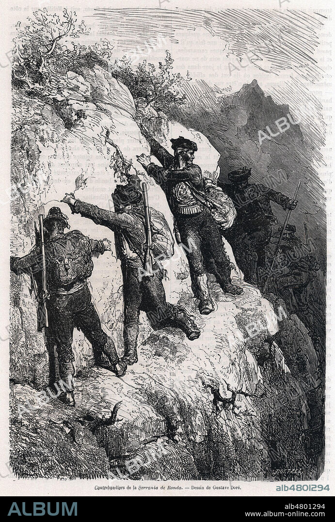 Contrebandiers de la Serrania de Ronda. Illustration de Gustave DORE (1832-1883) pour Voyage en Espagne par Charles DAVILLIER (1823-1883) et Gustave DORE repris dans Le Tour du Monde de 1865. Credit : Collection Kharbine-Tapabor.