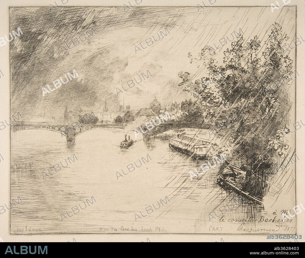 Vue du Pont des Saints-Pères. Artist: Félix Bracquemond (French, Paris 1833-1914 Sèvres). Dimensions: Sheet: 12 1/16 × 17 1/8 in. (30.6 × 43.5 cm)
Plate: 7 11/16 × 9 3/4 in. (19.6 × 24.7 cm). Printer: Alfred Salmon (French, Paris 1825-?1894). Date: 1877.