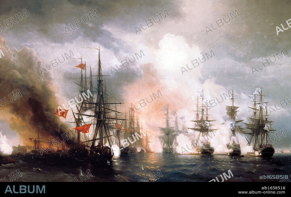 Russo Turkish War, also called Crimean War 1853 1856. Battle of Sinop or Sinope 30 November 1853. Naval battle off northern Turkey. Russian fleet destroyed that of Turkey. Ivan Aivazovsky (1817-1900) Russian/Armenian painter.