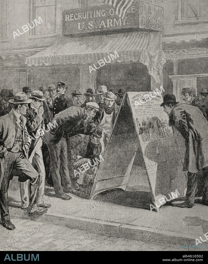 Guerra hispano-estadounidense o Guerra de Cuba. Conflicto bélico entre España y Estados Unidos en 1898, tras la intervención norteamericana en la guerra de independencia cubana. Estados Unidos. Preparativos de guerra a raiz de la voladura del "Maine". Centro de reclutamiento en Nueva York mediante cartelones ilustrados con viñetas. Fotograbado. La Ilustración Española y Americana, 1898.
